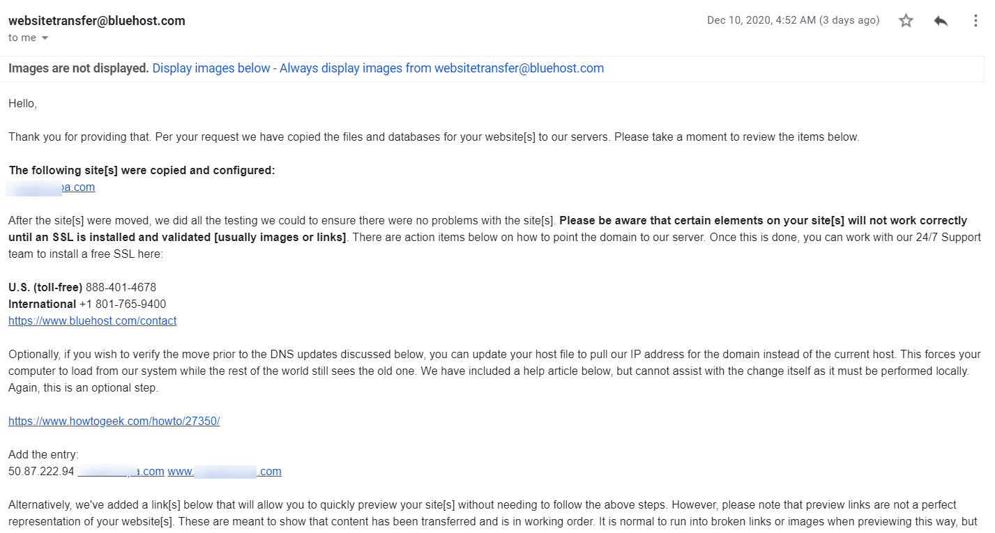 Bluehost free site migration confirmation email