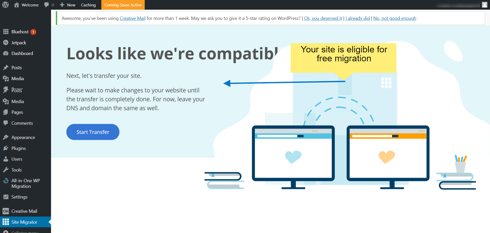 Bluehost free web hosting site migration request in progress