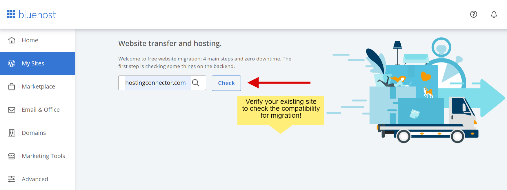 check the competibility for free site migration on bluehost