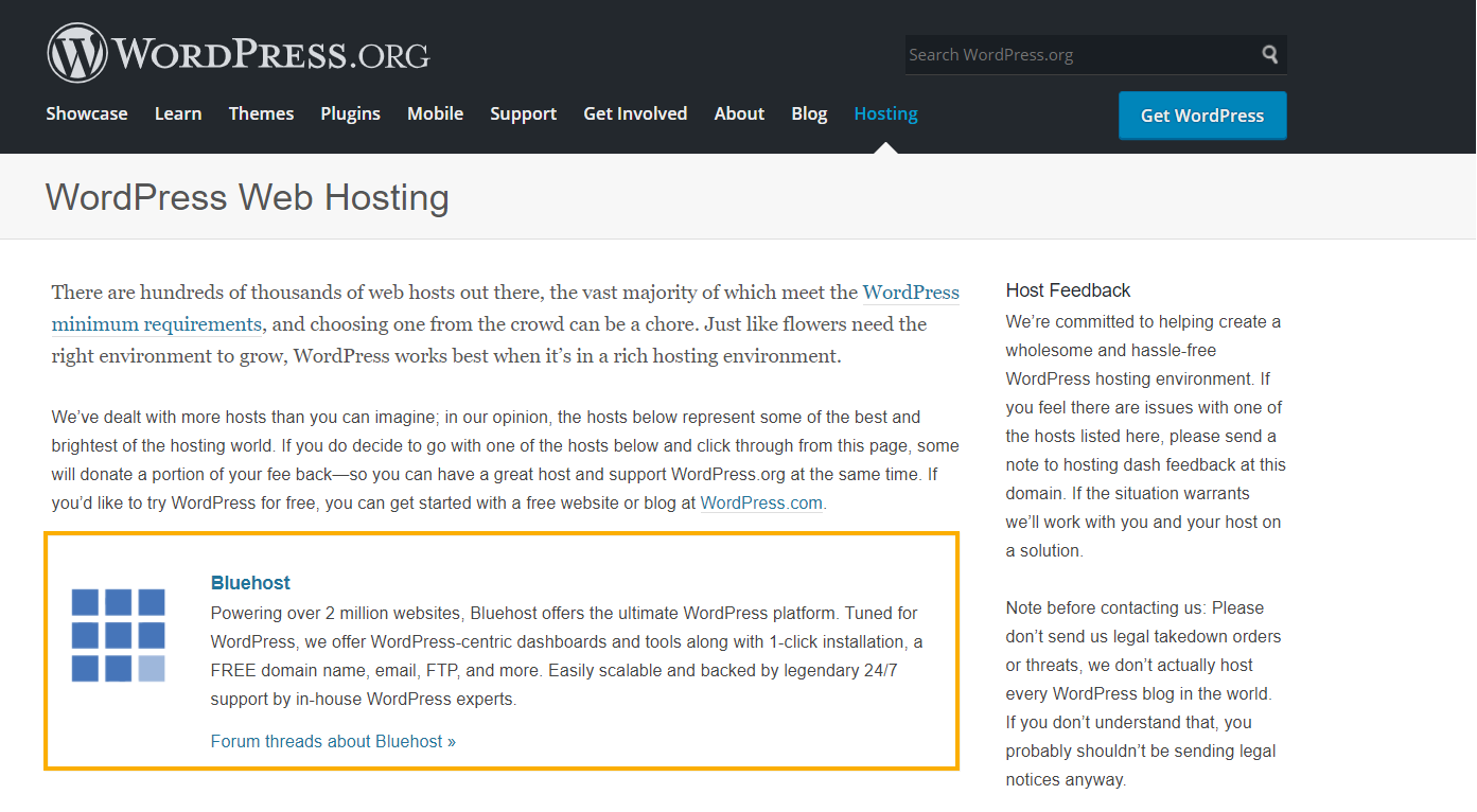 Bluehost recommended by WordPress